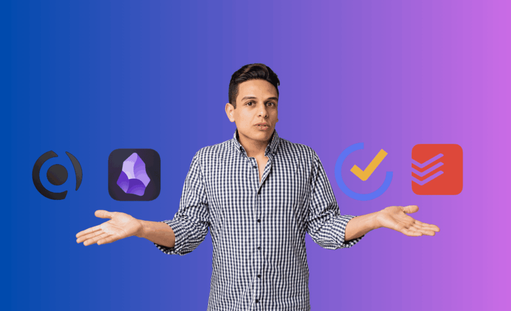 Man choosing between note-taking apps Capacities and Obsidian and task managers TickTick and Todoist